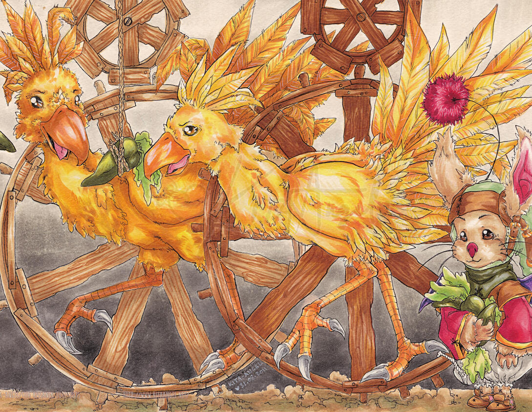Chocobo Labour - Copic Marker Illustration Full colour with simple background.